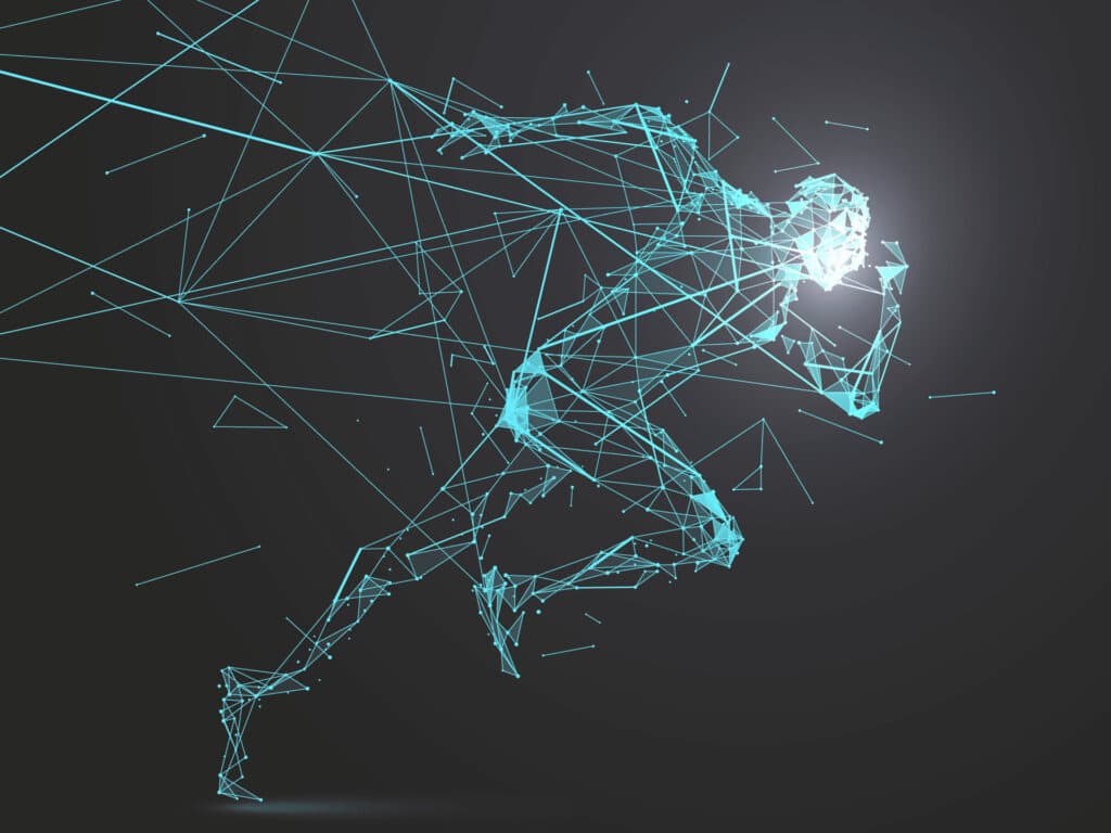 Grafik einer rennenden Person bestehend aus hellblauen, vernetzten Linien.