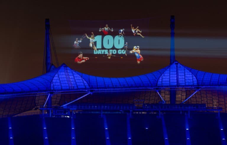 A light installation is on display in the Olympiapark in Munich on Sunday (01.05.2022) to mark the 100-day countdown start. Foto: Marc Müller / Munich2022