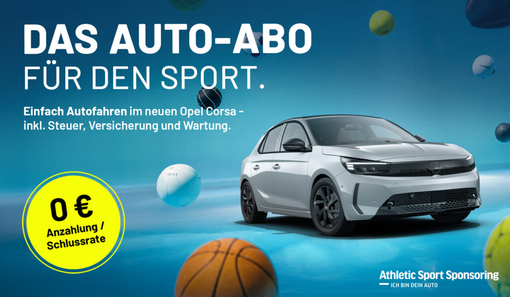 Ein Auto steht rechts im Bild. Daneben ein Schriftzug "Das Auto-Abo für den Sport"