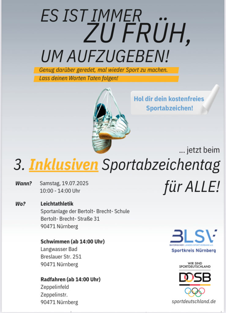 Komm am Samstag, den 19.7. auf der Bertolt-Brecht-Sportanlage vorbei und mache dein Sportabzeichen.