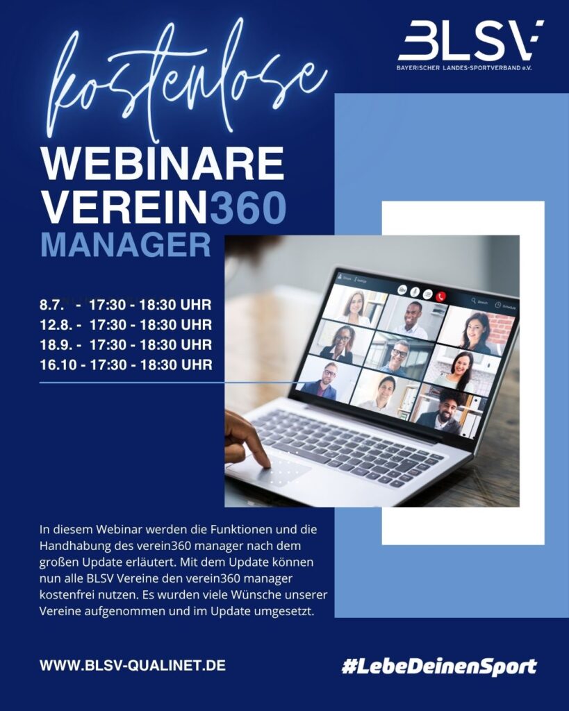 Flyer für kostenlose Webinare für den verein360 manager des BLSV