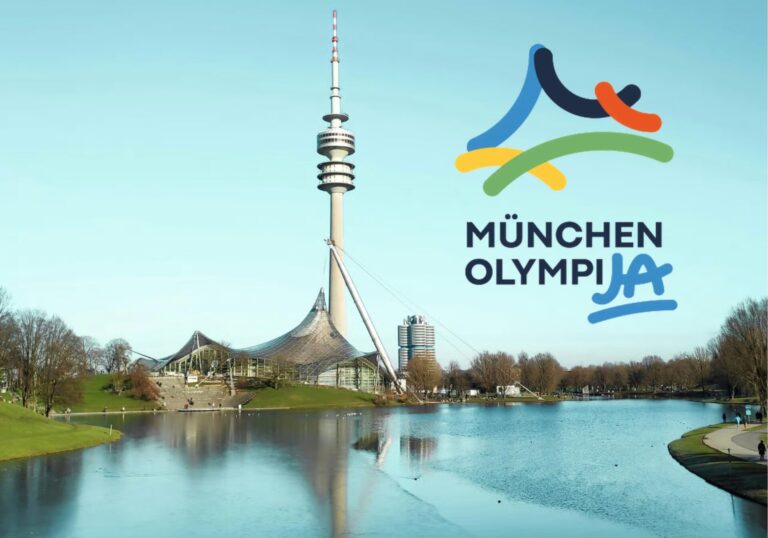 Ein Foto vom Olympiapark mit dem Logo "OlympiJa"