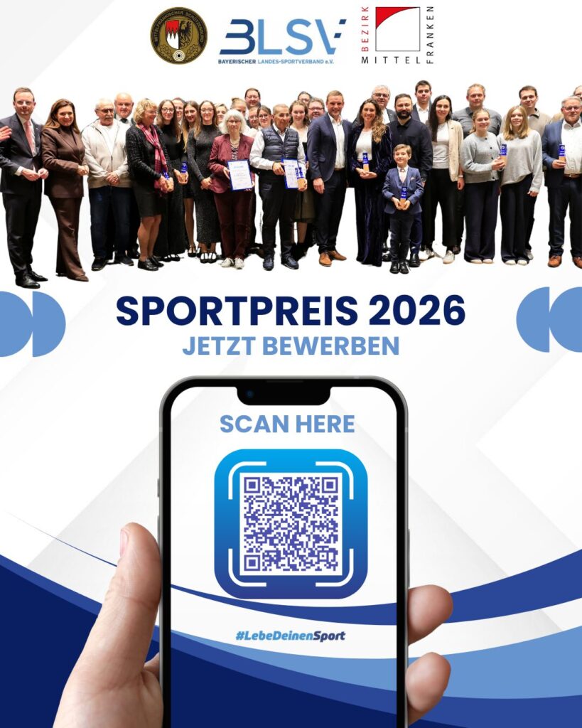Die Bewerbungsphase zum BLSV Sportpreis 2026 läuft bis zum 15. Juni 2026. Jetzt bewerben. QR-Code scannen.